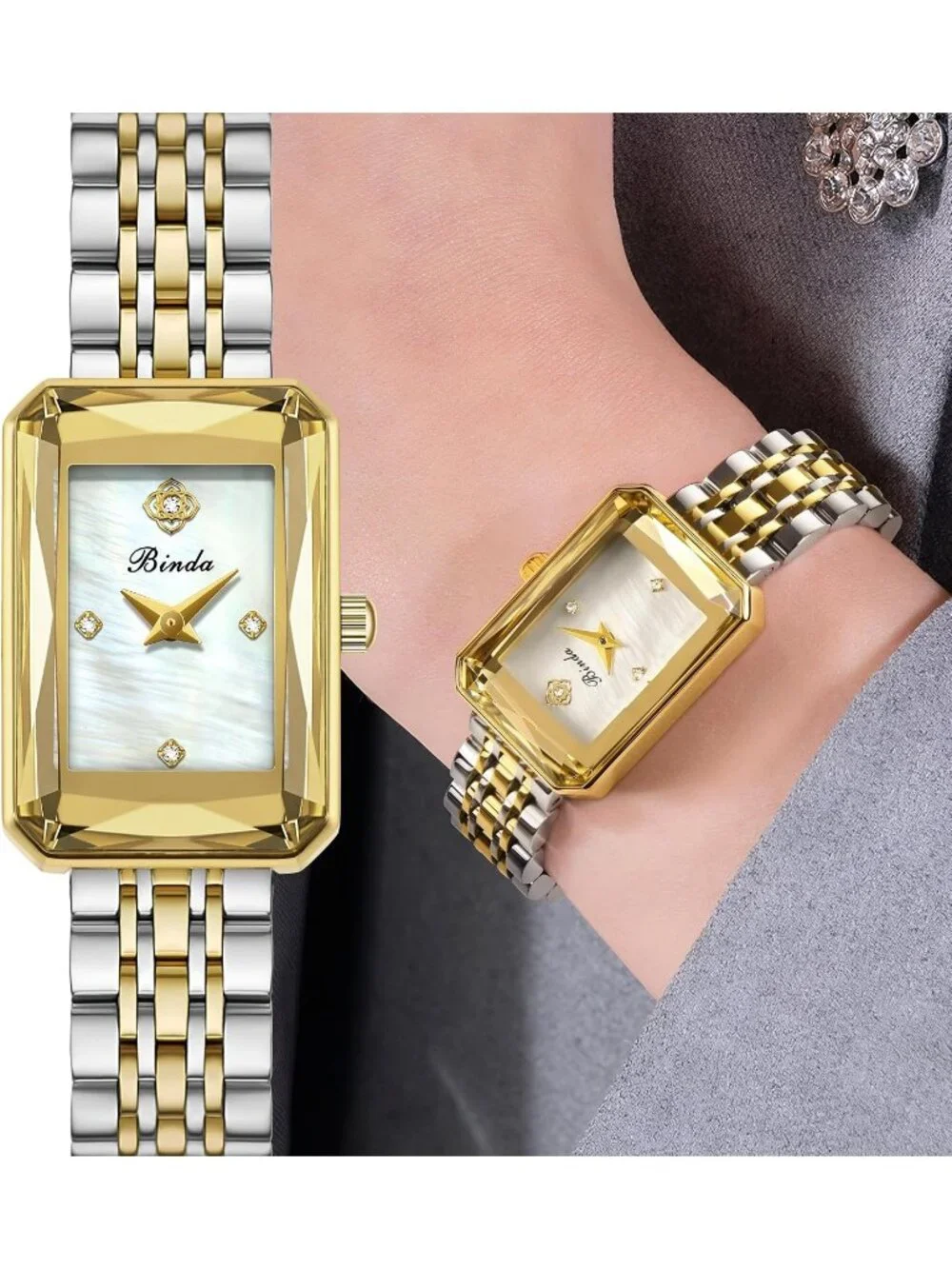 Women's Silver Gold White Vintage Rectangular Case Stainless Steel Band Watches
